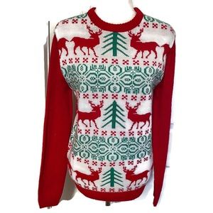 IMAGIN8 SWEATER CREW NECK UGLY XMAS RED WHITE REINDEER TREES HOLIDAY Size S